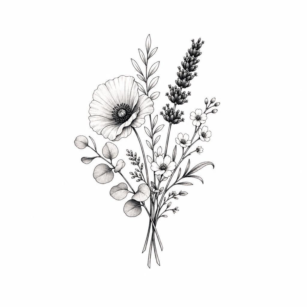idée tatouage poignet composition florale premium, design sur fond blanc