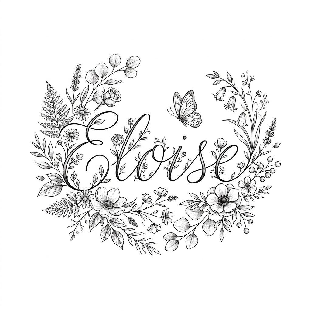 idée tatouage prénom prénom floral féminin, design sur fond blanc