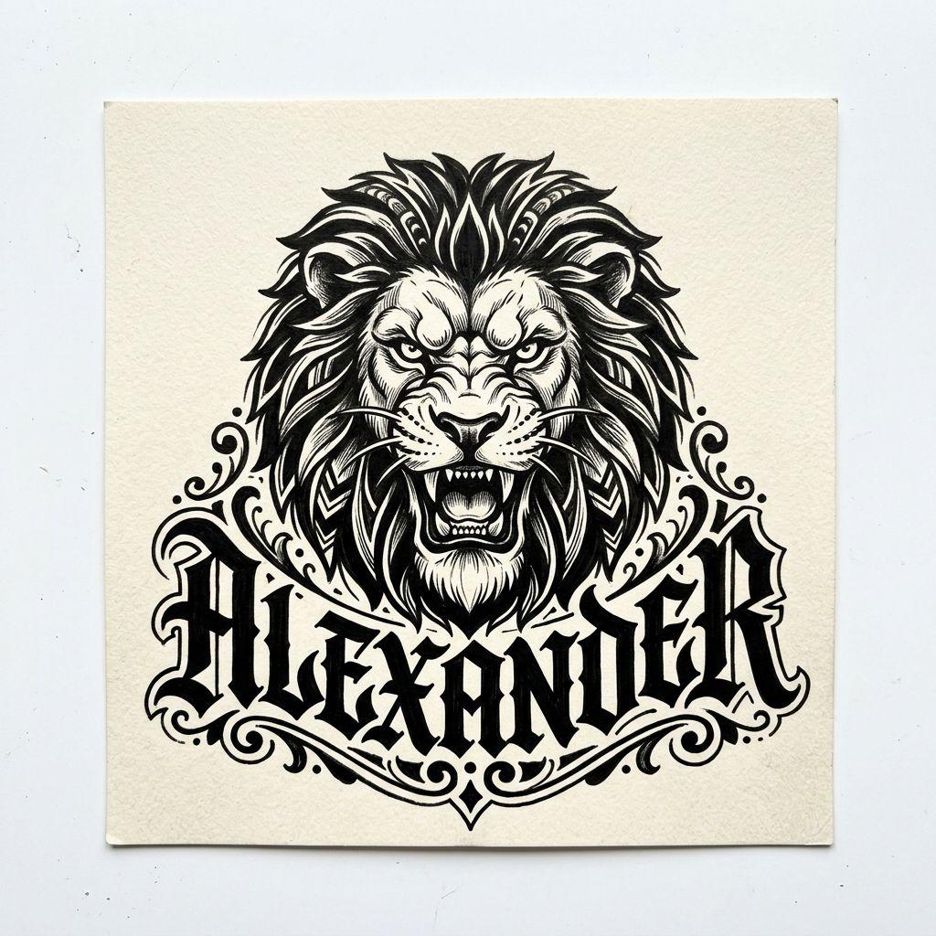 idée tatouage prénom prénom et lion, design sur fond blanc