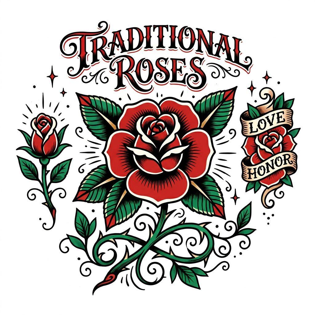 idée tatouage rose rose old school, design sur fond blanc