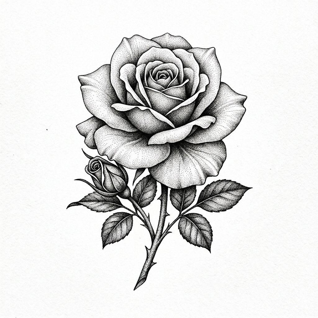 idée tatouage rose rose dotwork, design sur fond blanc