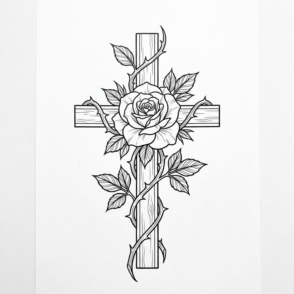 idée tatouage rose rose et croix, design sur fond blanc