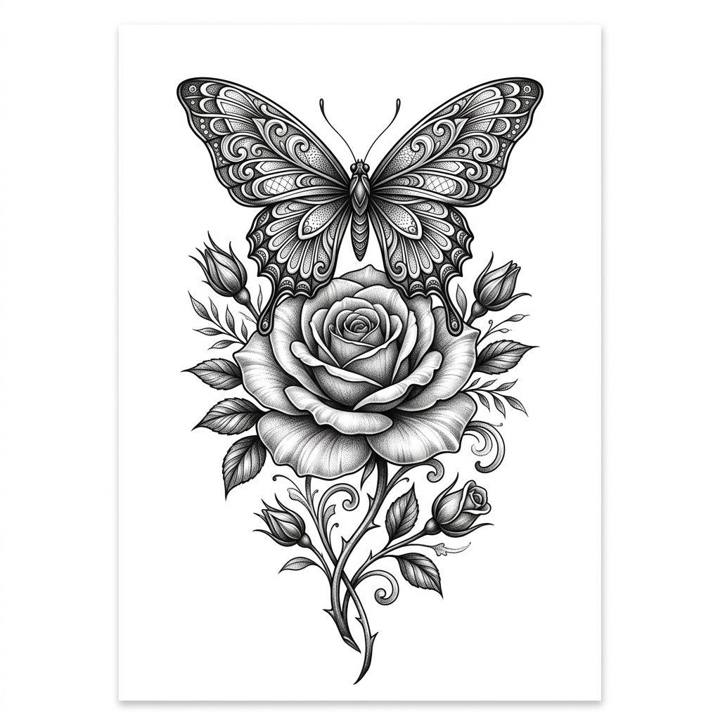 idée tatouage rose rose et papillon, design sur fond blanc