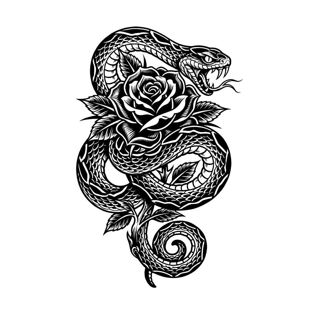idée tatouage rose rose et serpent, design sur fond blanc