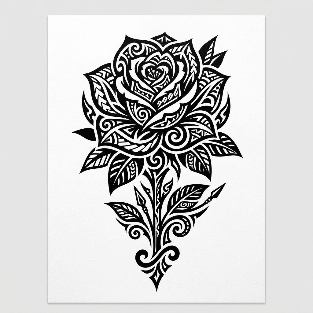 idée tatouage rose rose tribal, design sur fond blanc