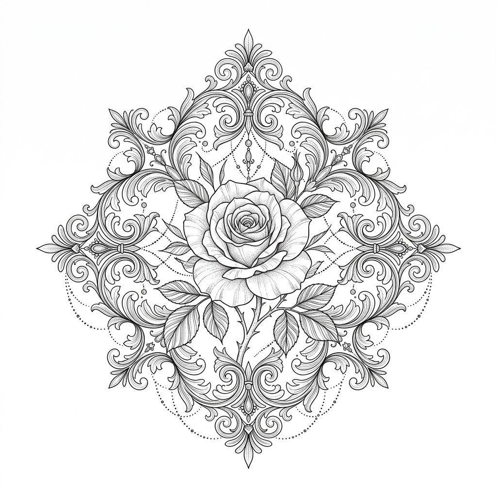 idée tatouage rose rose ornementale, design sur fond blanc