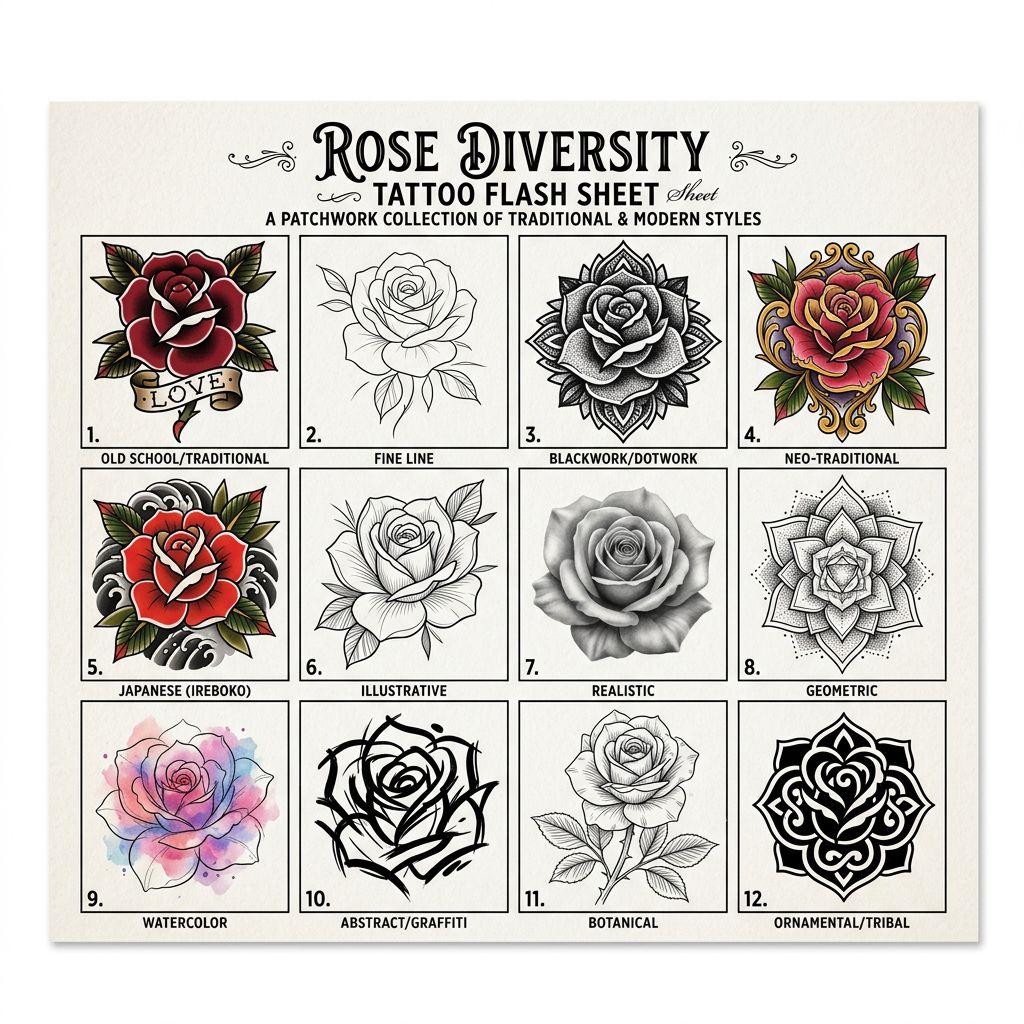 idée tatouage rose roses patchwork, design sur fond blanc