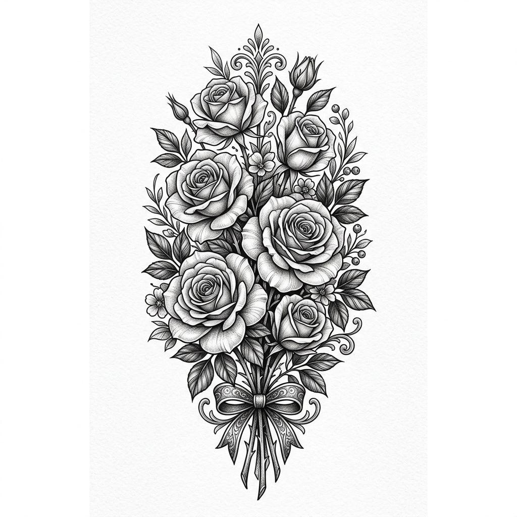 idée tatouage rose bouquet de roses premium, design sur fond blanc