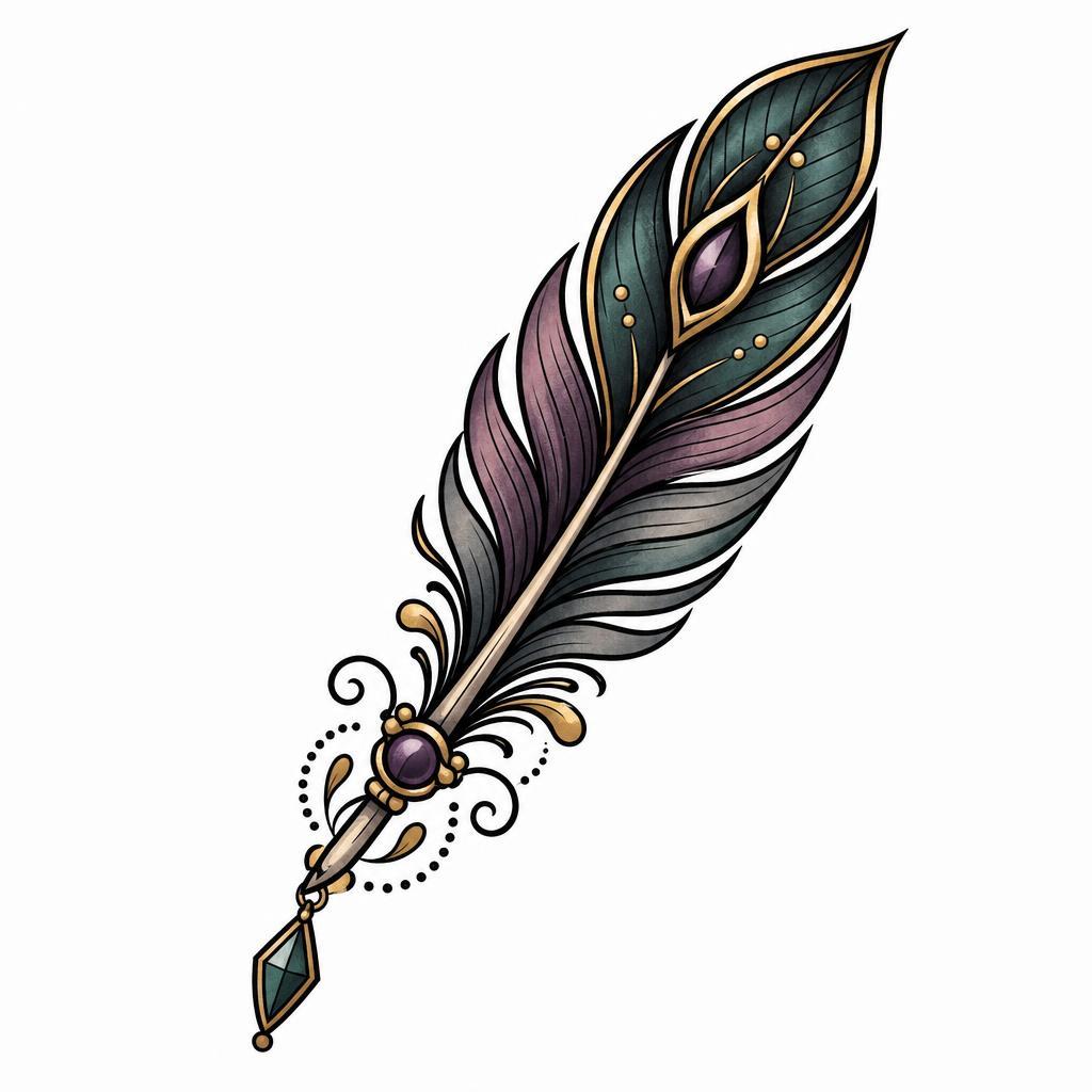 idée tatouage simple plume néo-traditionnelle, design sur fond blanc