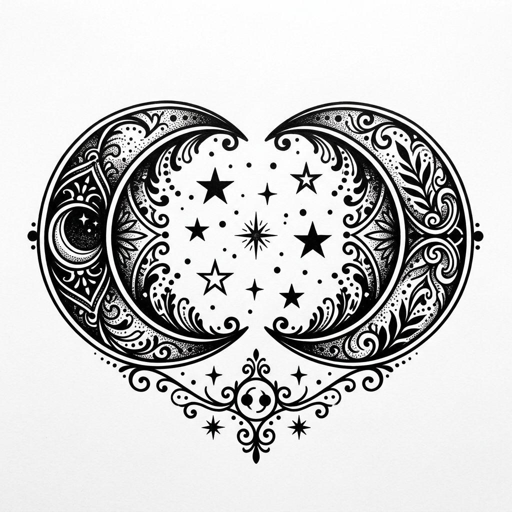 idée tatouage sœurs deux lunes blackwork, design sur fond blanc