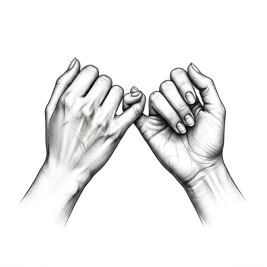 idée tatouage sœurs deux mains pinky promise, design sur fond blanc