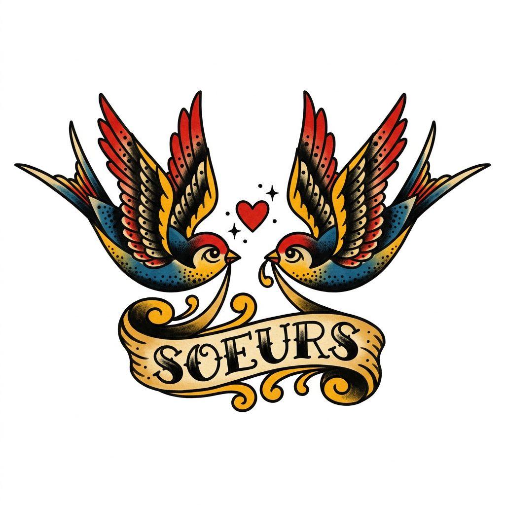 idée tatouage sœurs hirondelles old school, design sur fond blanc