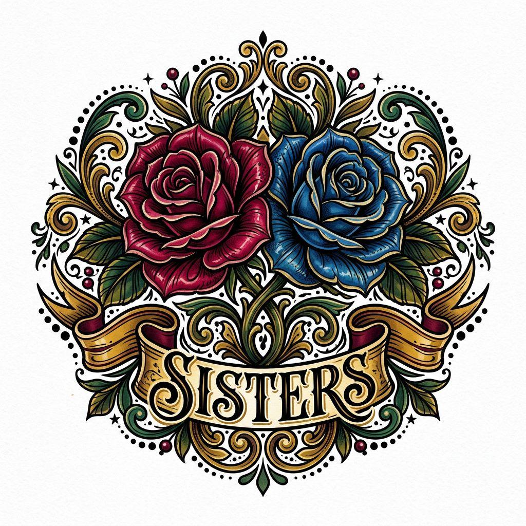idée tatouage sœurs roses néo-traditionnelles, design sur fond blanc