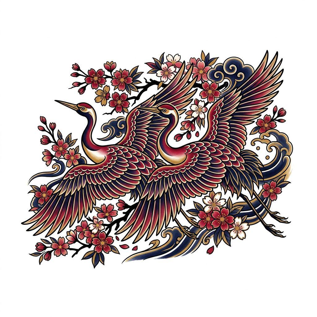idée tatouage sœurs grues japonaises sœurs, design sur fond blanc