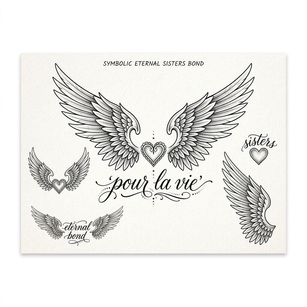 idée tatouage sœurs ailes d'ange 'pour la vie', design sur fond blanc