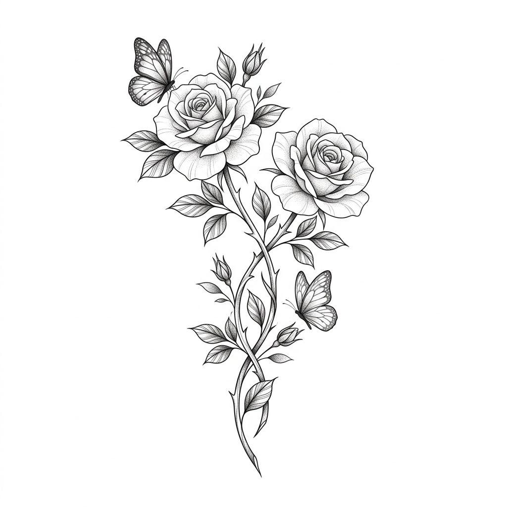 idée tatouage sœurs roses entrelacées florales, design sur fond blanc