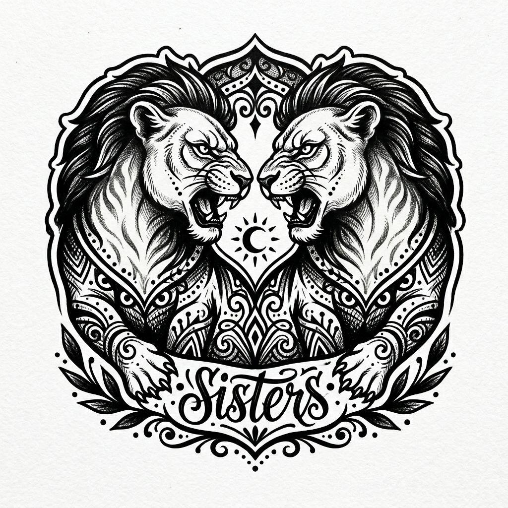 idée tatouage sœurs lionnes sœurs blackwork, design sur fond blanc