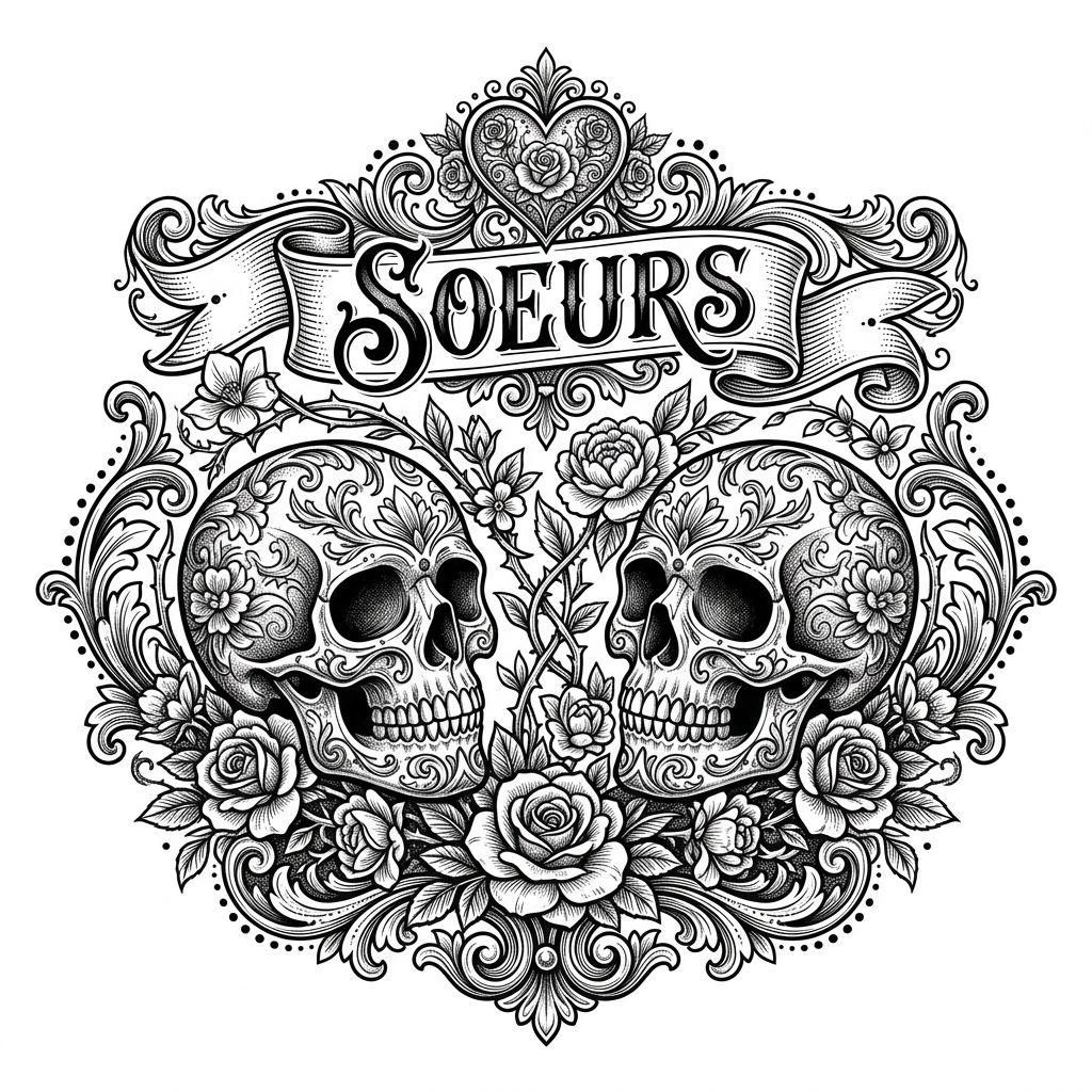 idée tatouage sœurs crânes et roses ornemental, design sur fond blanc