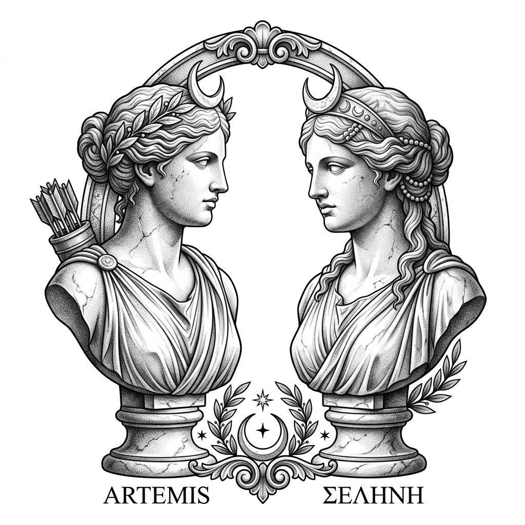 idée tatouage sœurs artemis et selene, design sur fond blanc