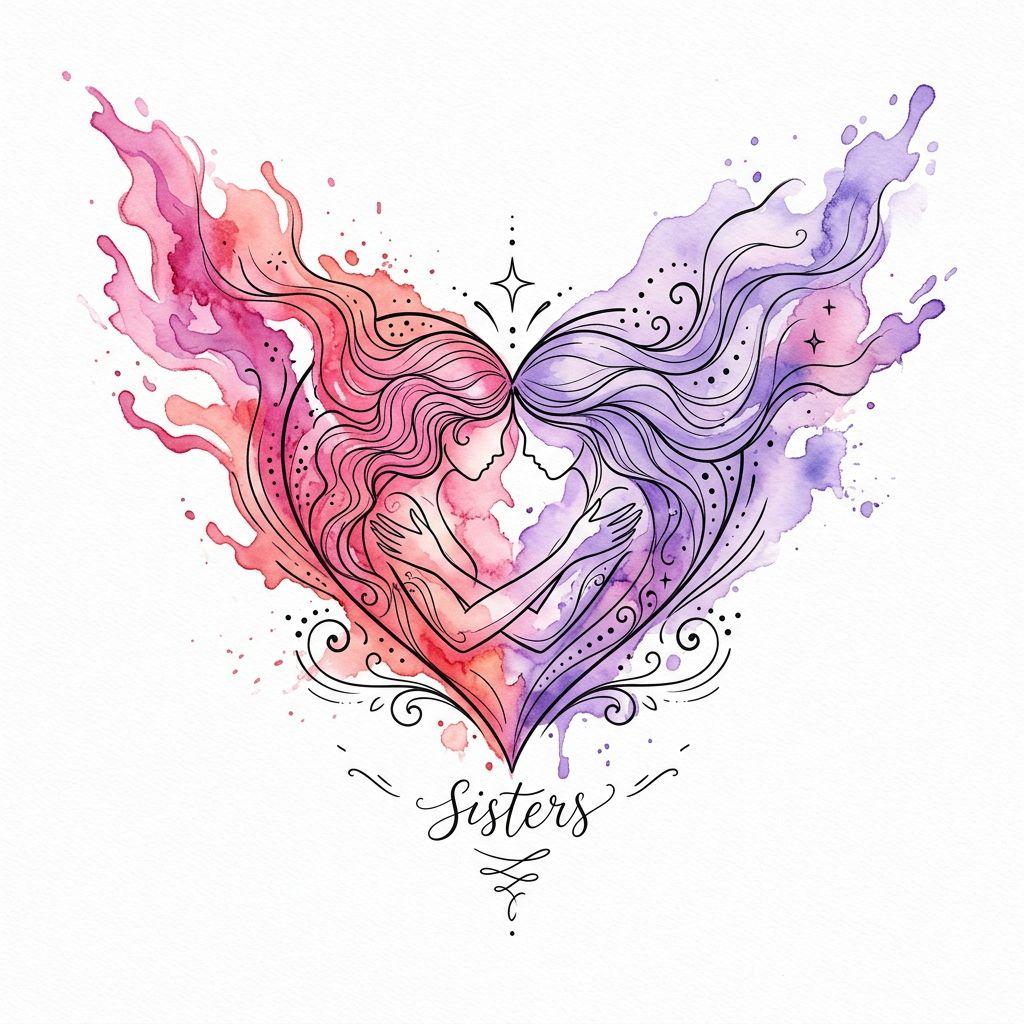 idée tatouage sœurs aquarelle sœurs, design sur fond blanc