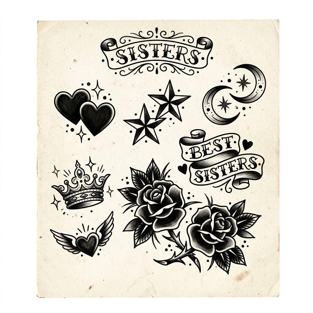idée tatouage sœurs patchwork best sisters, design sur fond blanc