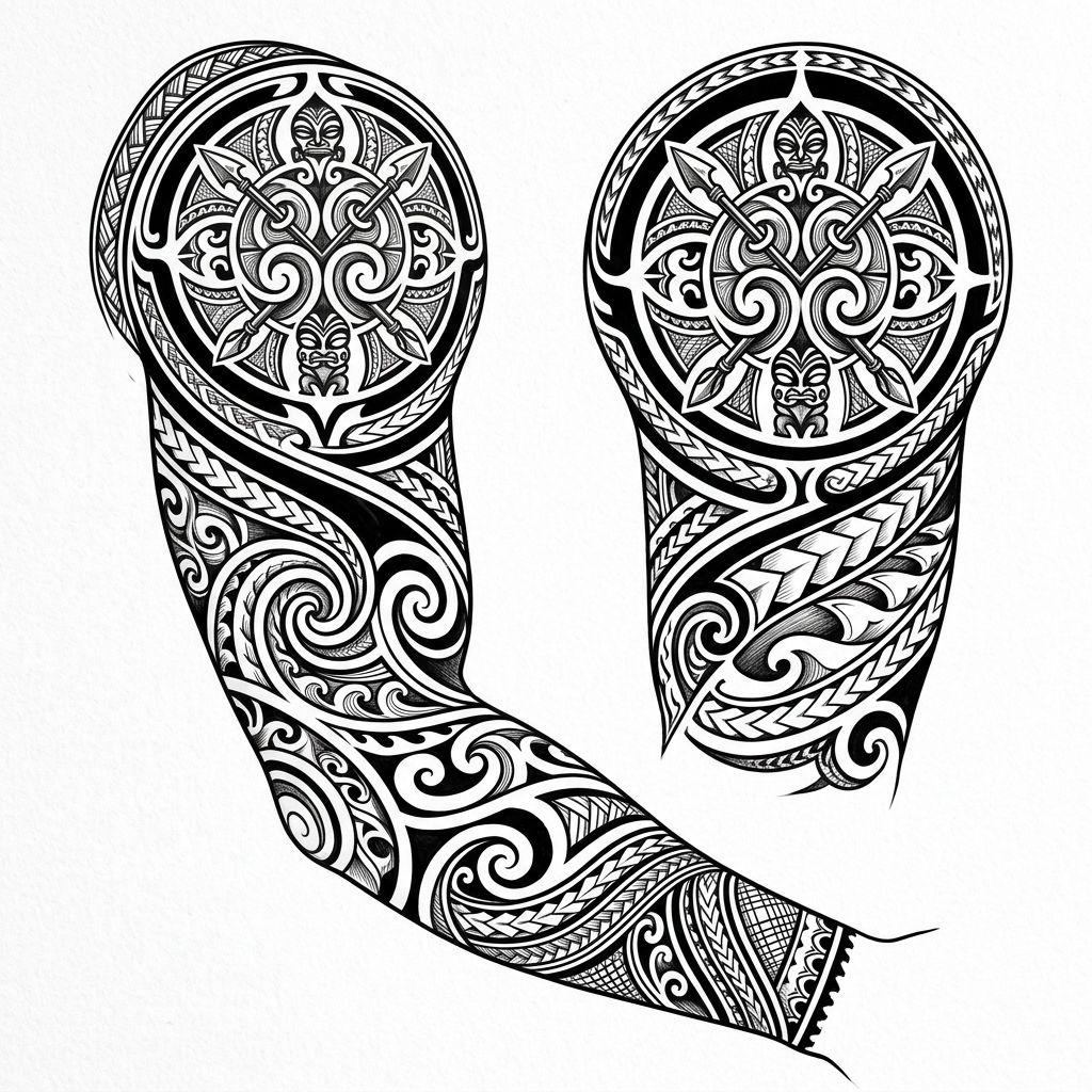 idée tatouage tribal composition tribal sleeve, design sur fond blanc