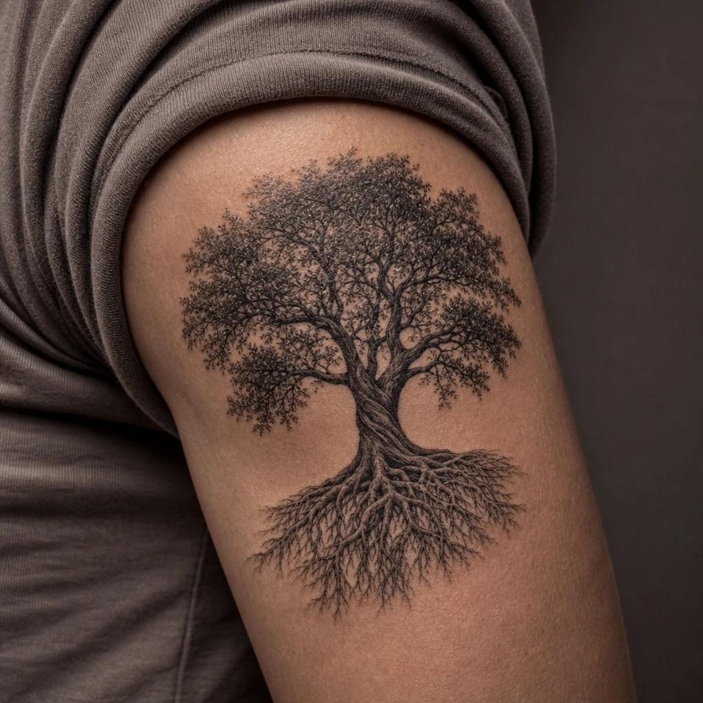 idée tatouage arbre de vie arbre réaliste noir et gris, photo réaliste sur peau