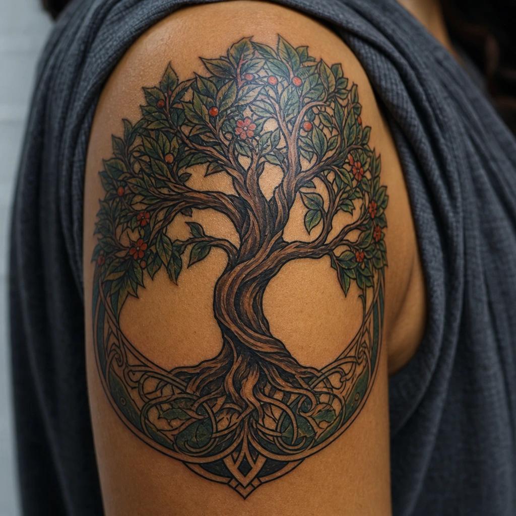idée tatouage arbre de vie arbre néo-traditionnel, photo réaliste sur peau