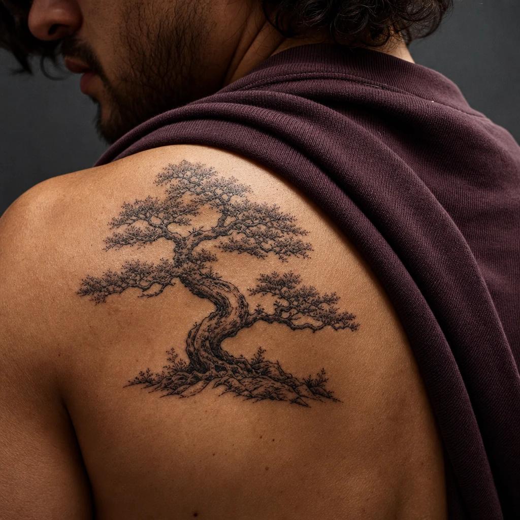 idée tatouage arbre de vie arbre japonais bonsaï, photo réaliste sur peau