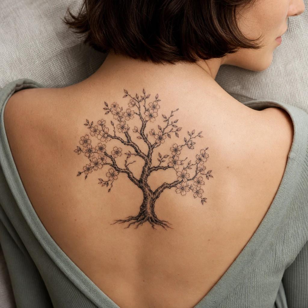 idée tatouage arbre de vie arbre fleuri, photo réaliste sur peau