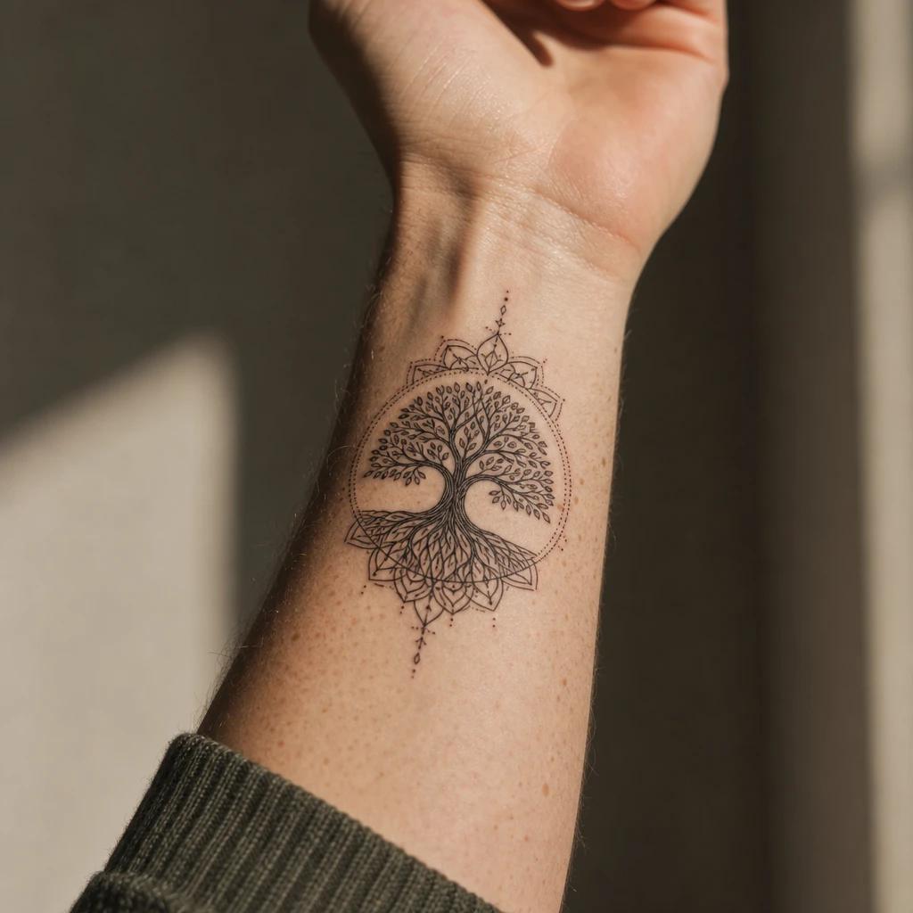 idée tatouage arbre de vie arbre mandala, photo réaliste sur peau
