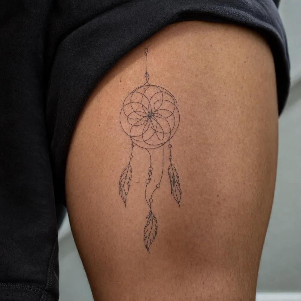 idée tatouage attrape-rêve attrape-reve single-line minimaliste, photo réaliste sur peau
