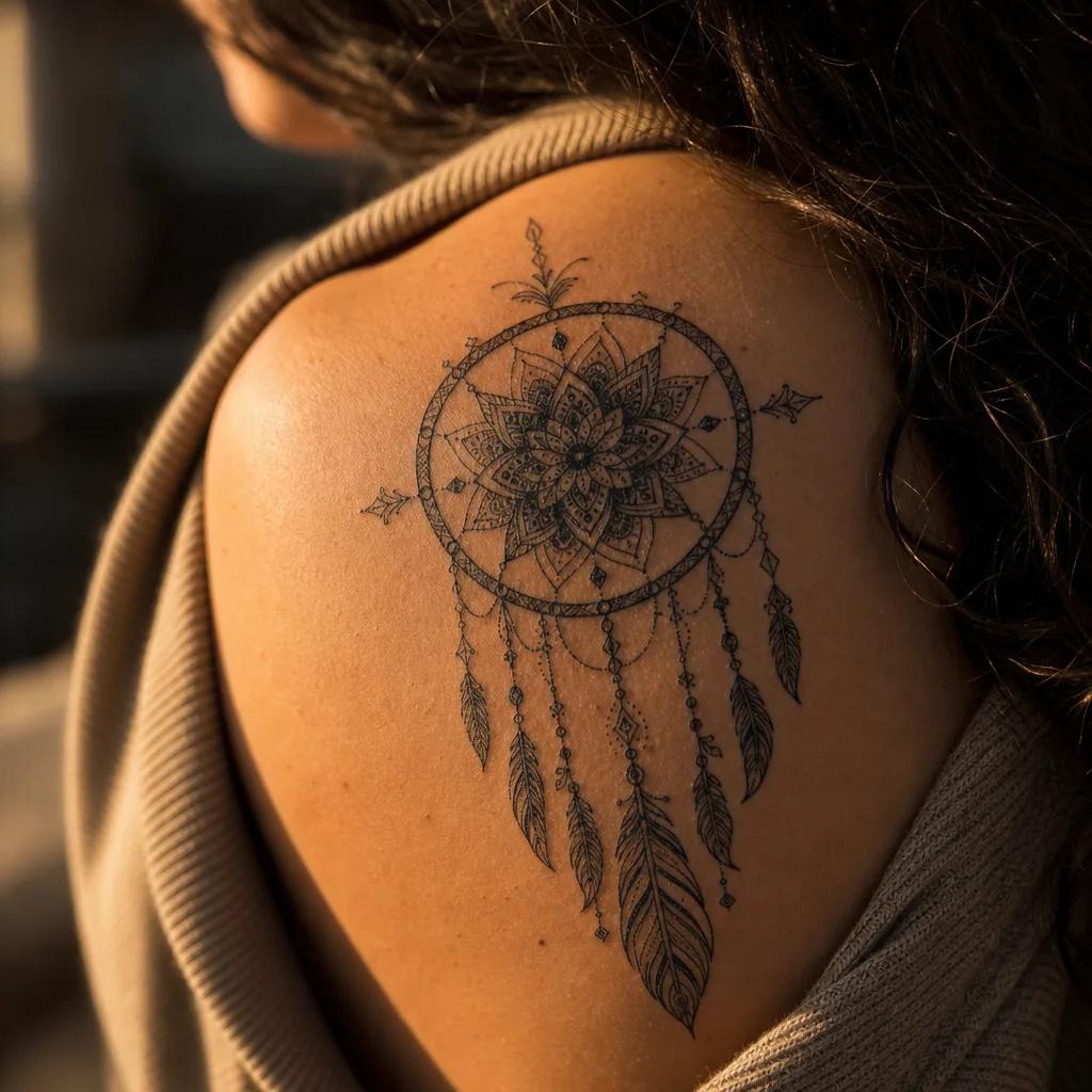 idée tatouage attrape-rêve mandala attrape-reve ornemental, photo réaliste sur peau