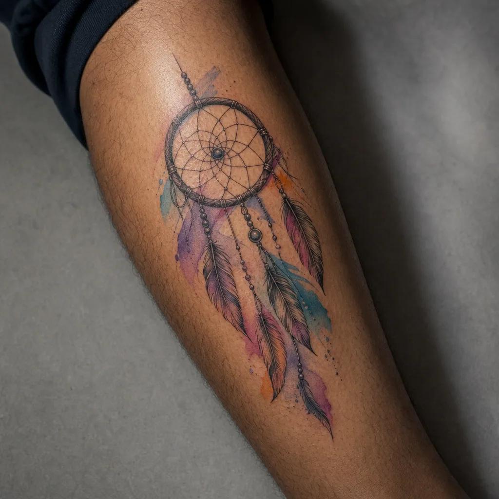 idée tatouage attrape-rêve attrape-reve aquarelle douce, photo réaliste sur peau