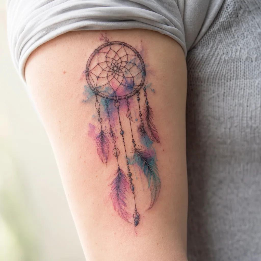 idée tatouage attrape-rêve attrape-reve aquarelle douce, photo réaliste sur peau