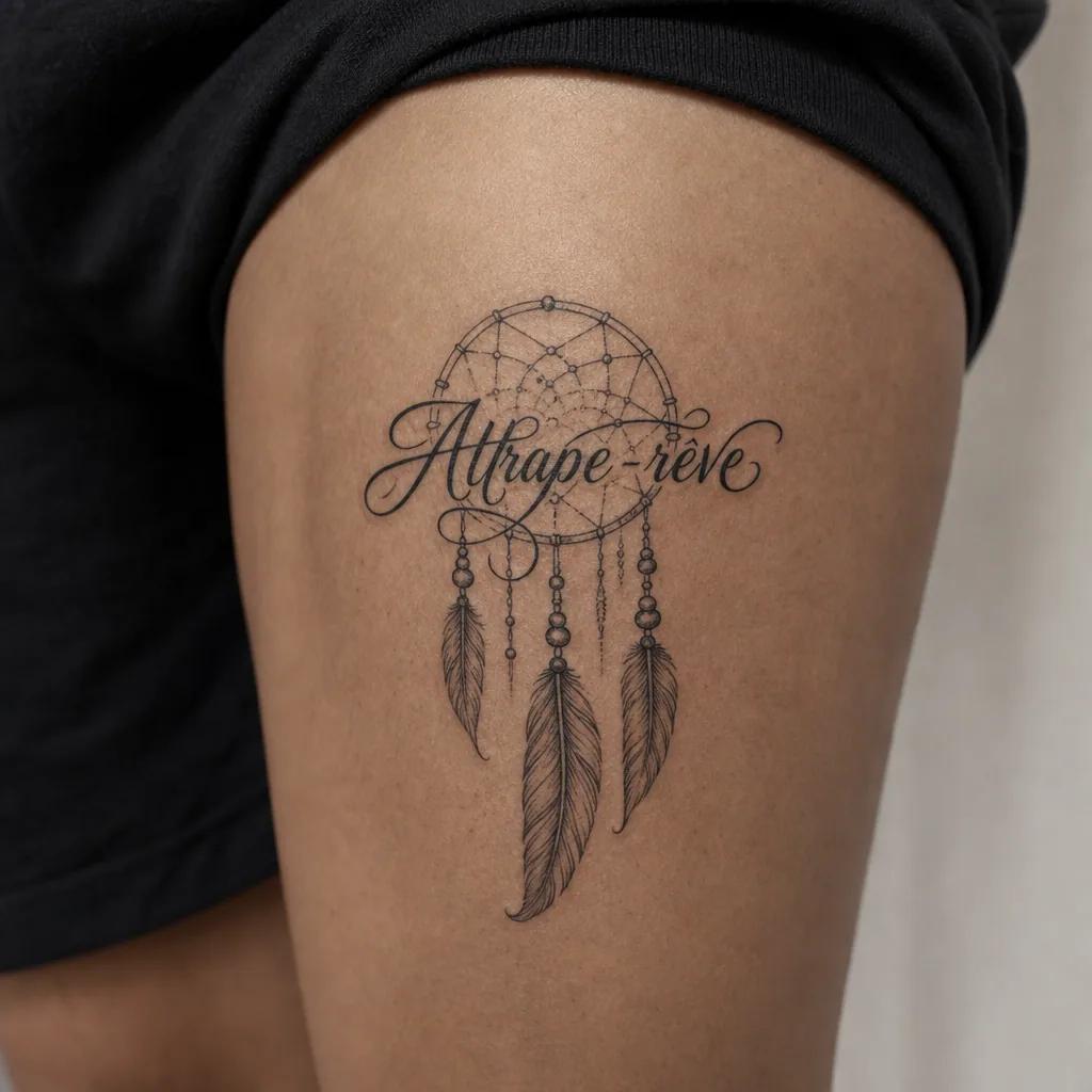 idée tatouage attrape-rêve lettrage attrape-reve citation, photo réaliste sur peau