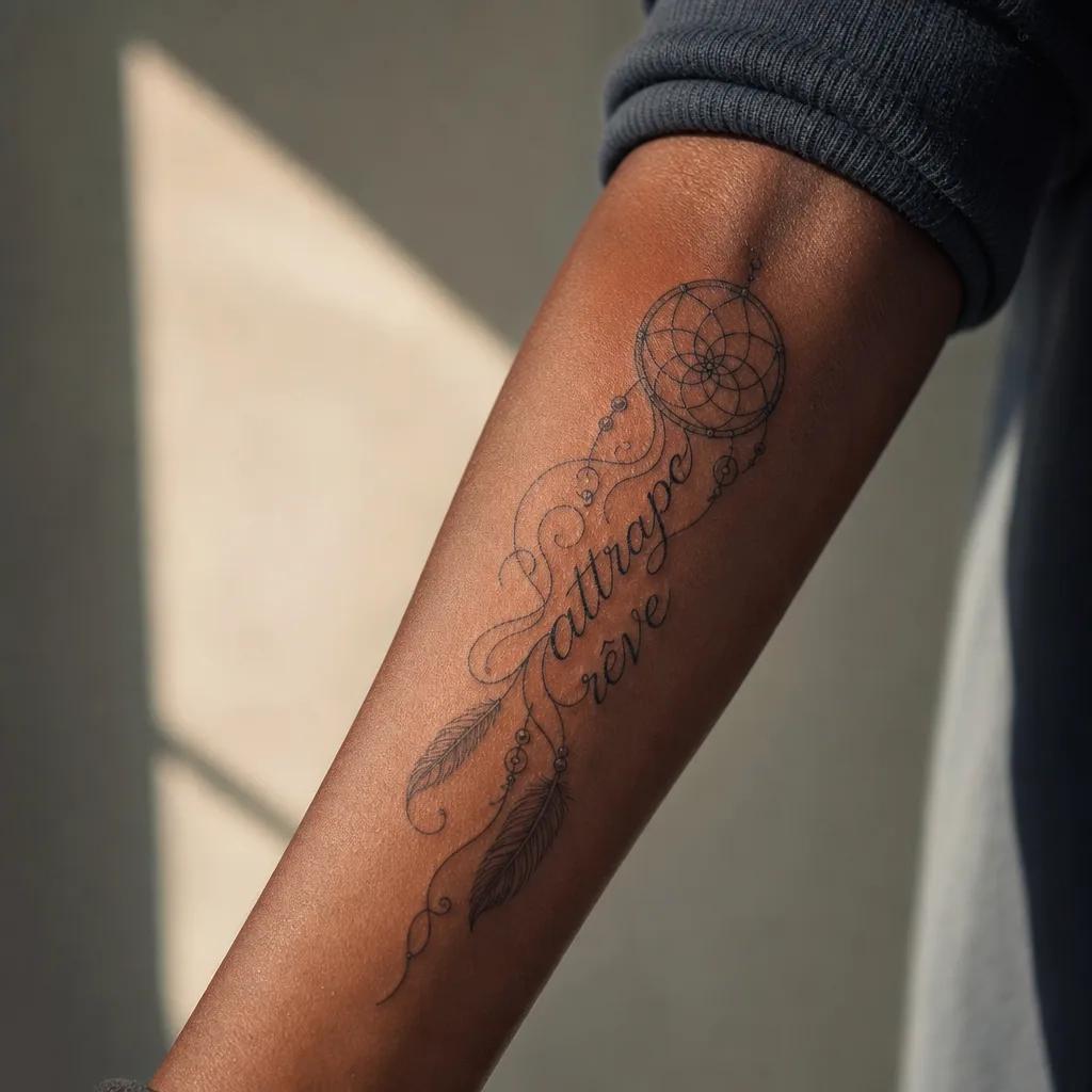 idée tatouage attrape-rêve lettrage attrape-reve citation, photo réaliste sur peau