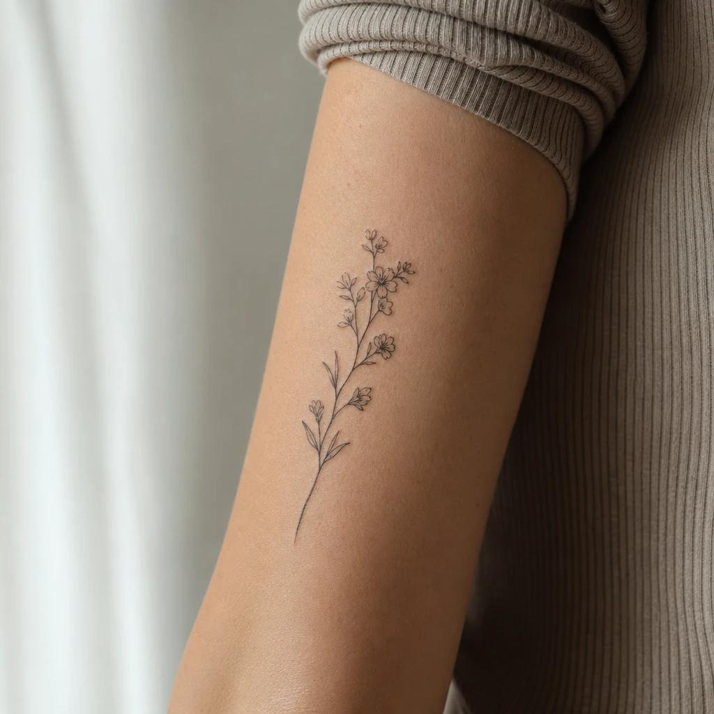 idée tatouage avant-bras femme branche fleurie fine line, photo réaliste sur peau
