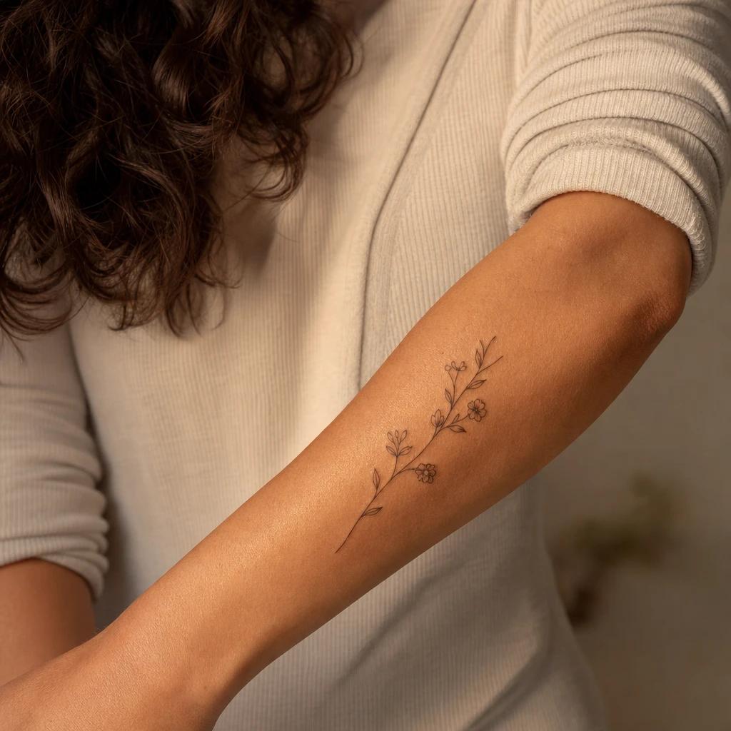 idée tatouage avant-bras femme branche fleurie fine line, photo réaliste sur peau