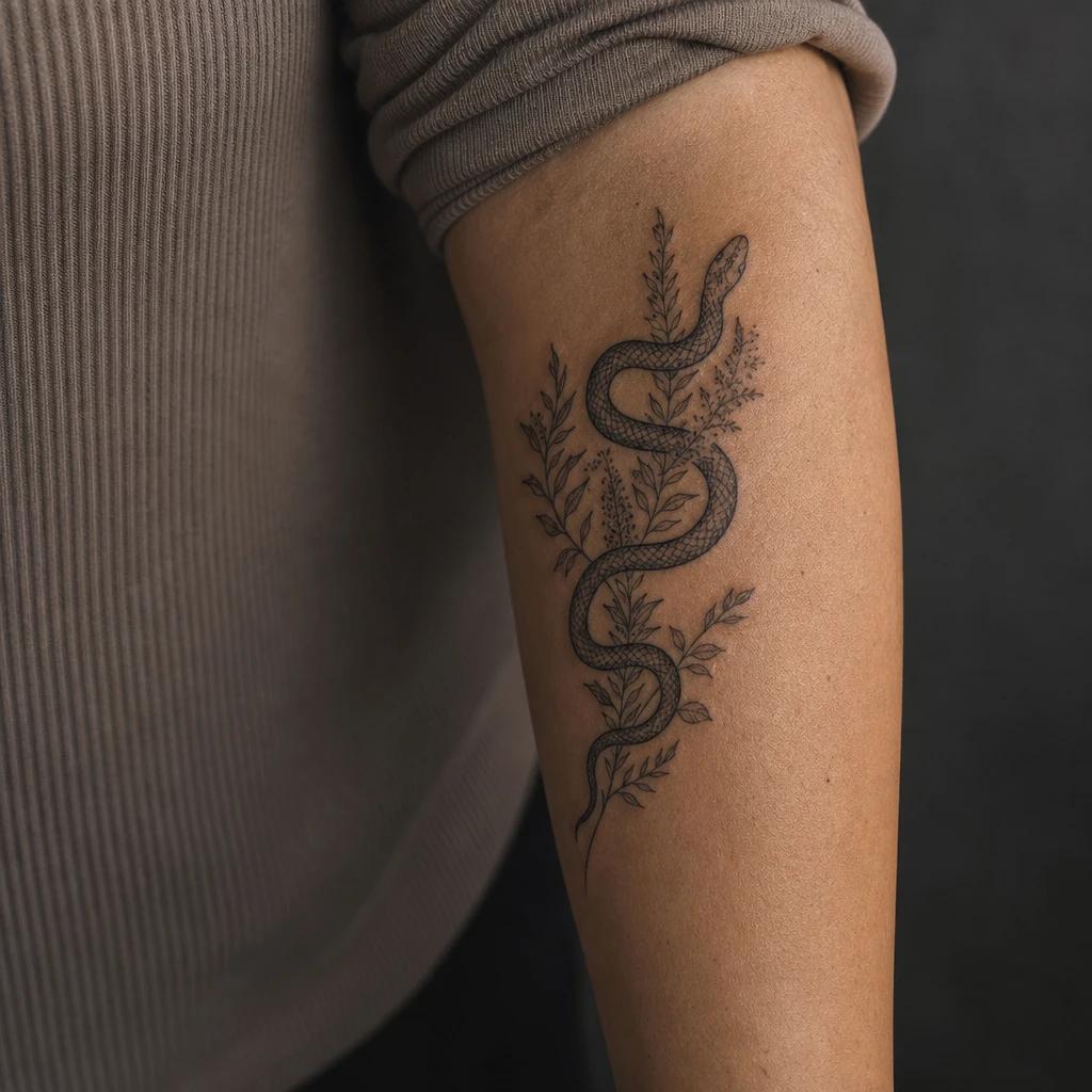 idée tatouage avant-bras femme serpent fin botanique, photo réaliste sur peau