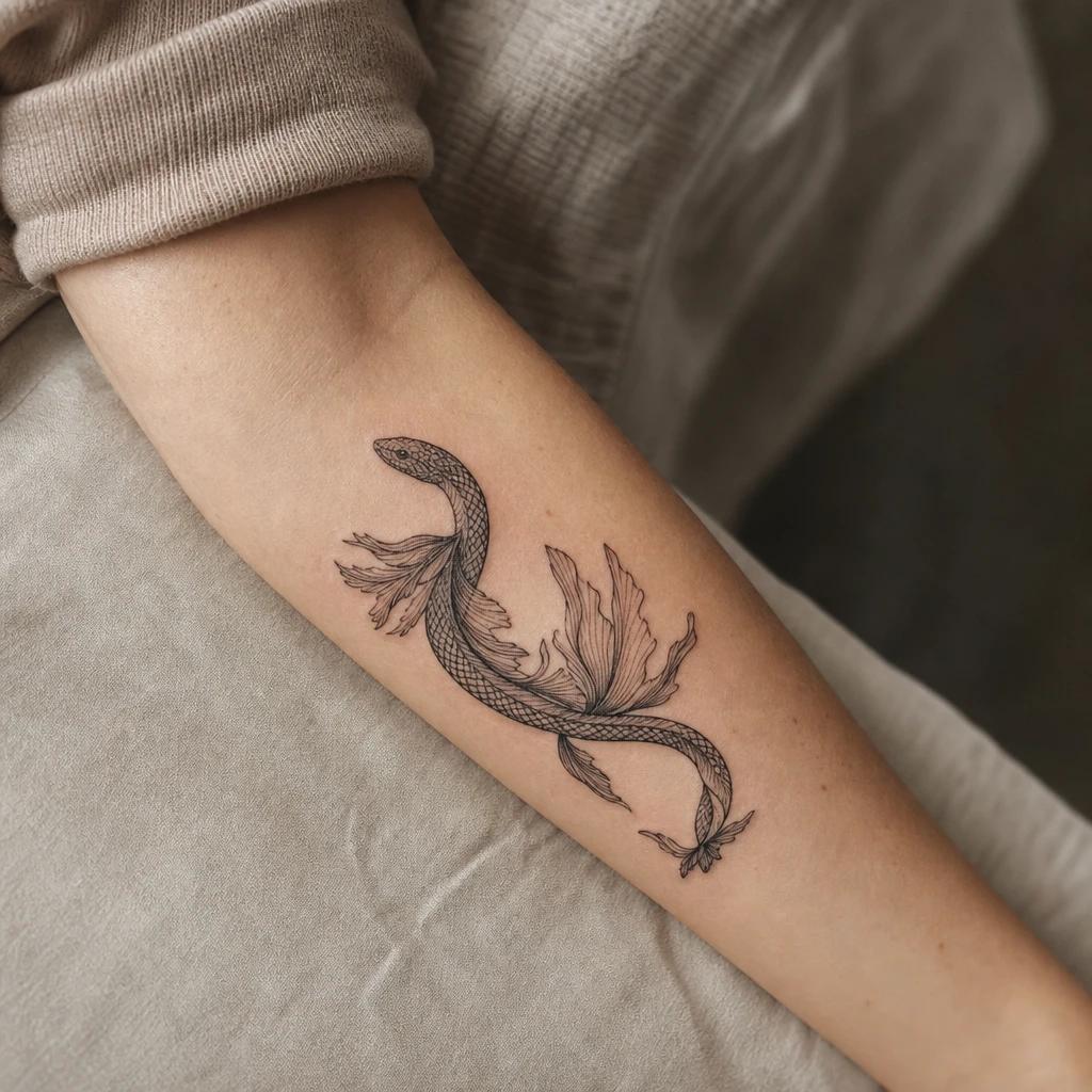 idée tatouage avant-bras femme serpent fin botanique, photo réaliste sur peau