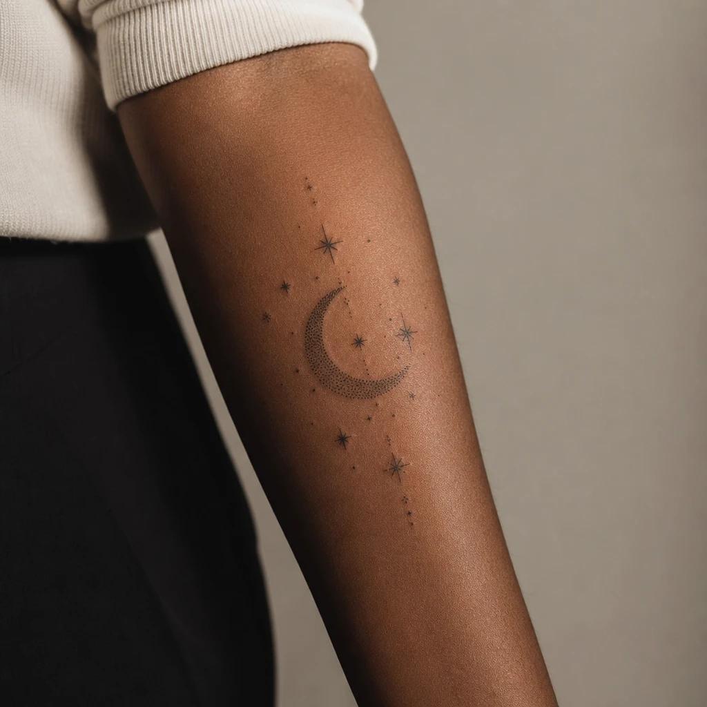 idée tatouage avant-bras femme lune et étoiles dotwork, photo réaliste sur peau