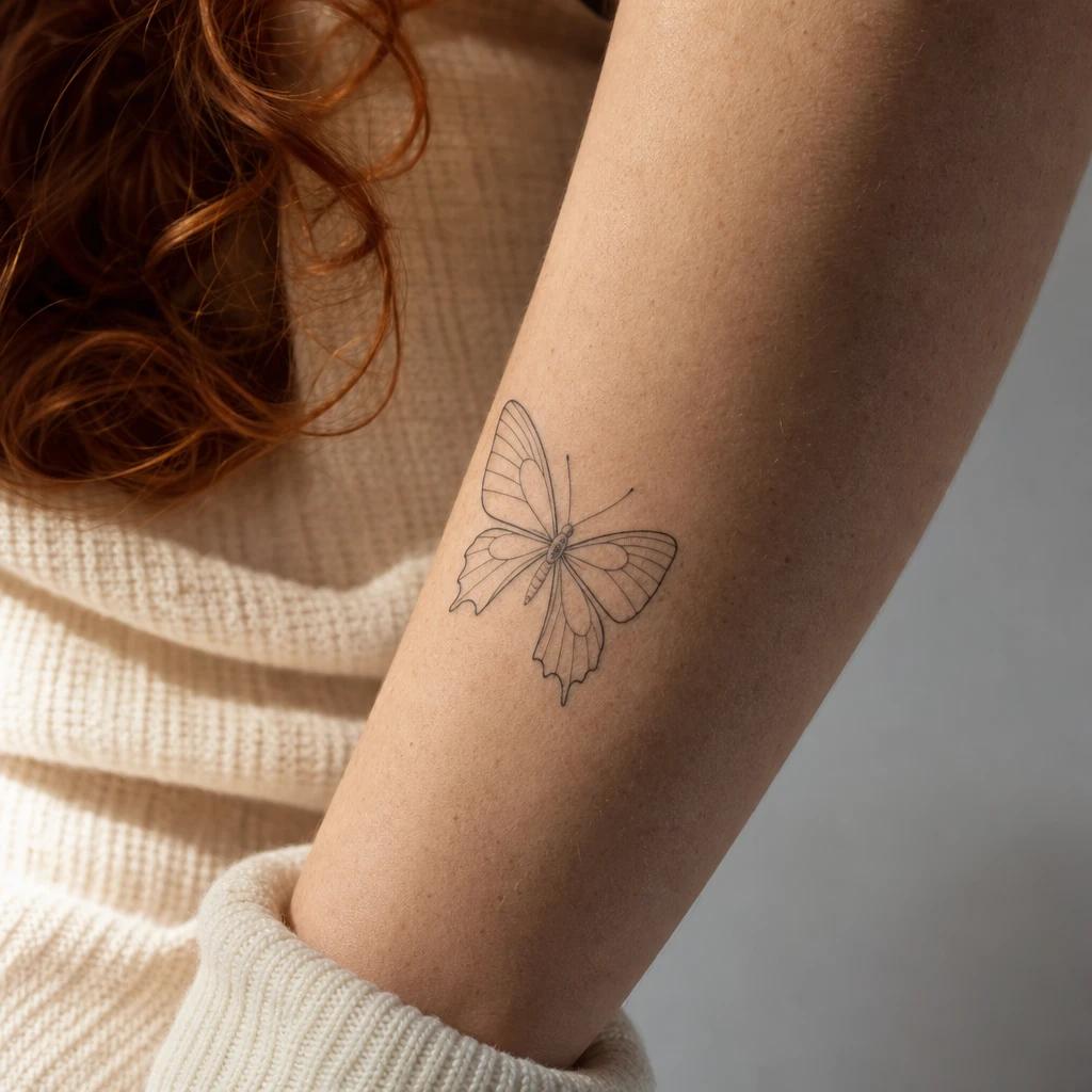 idée tatouage avant-bras femme papillon fine line, photo réaliste sur peau