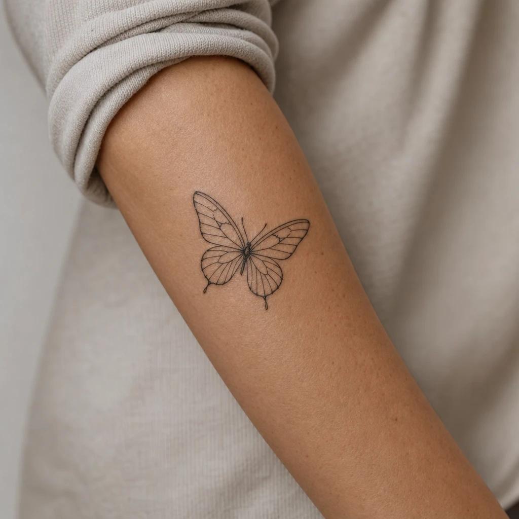idée tatouage avant-bras femme papillon fine line, photo réaliste sur peau