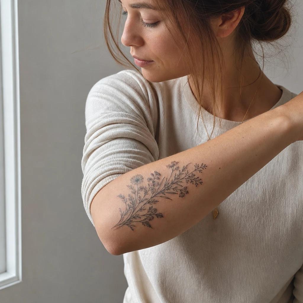 idée tatouage avant-bras femme fleurs sauvages bouquet, photo réaliste sur peau
