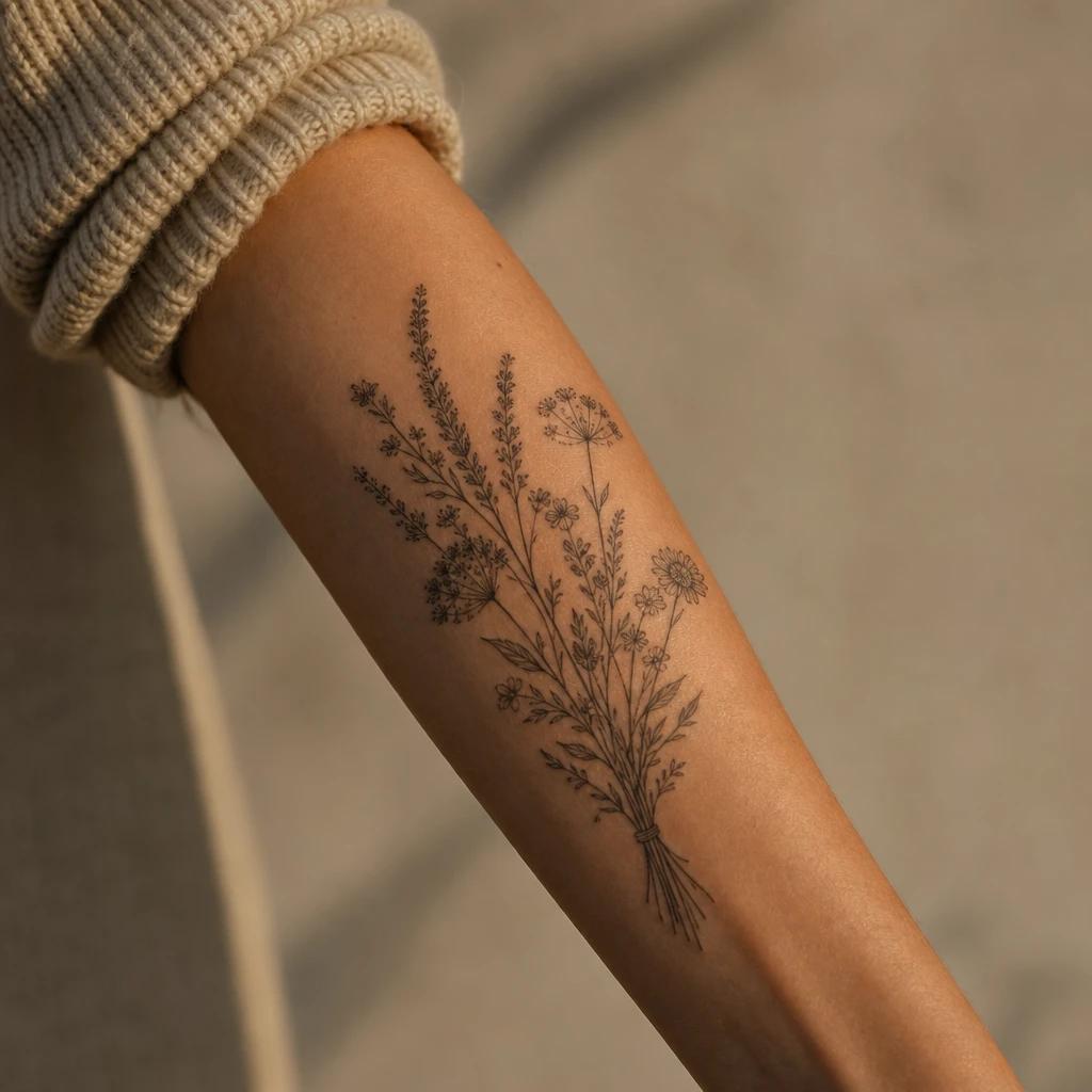 idée tatouage avant-bras femme fleurs sauvages bouquet, photo réaliste sur peau
