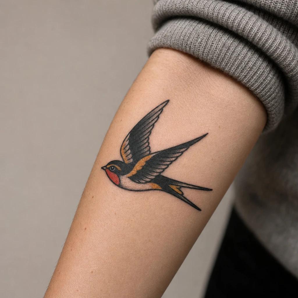 idée tatouage avant-bras femme hirondelle old school, photo réaliste sur peau
