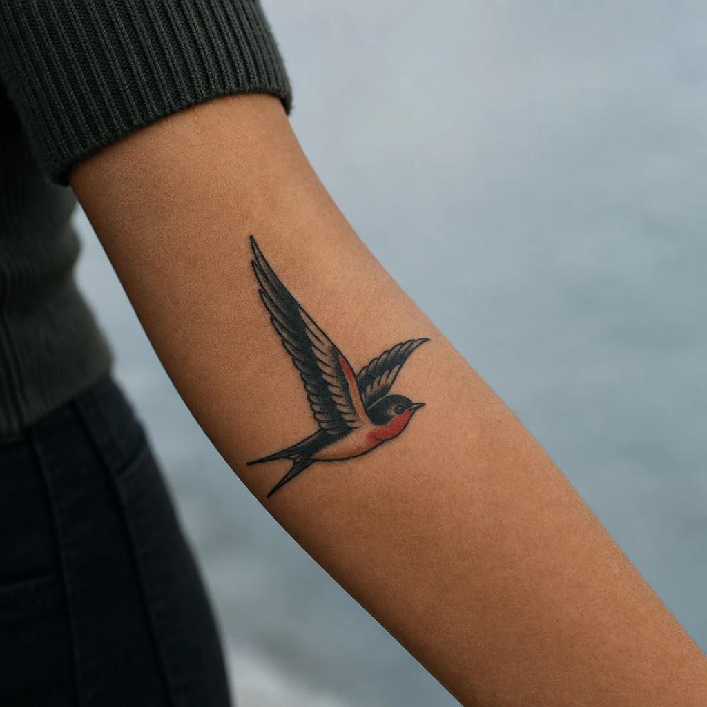 idée tatouage avant-bras femme hirondelle old school, photo réaliste sur peau