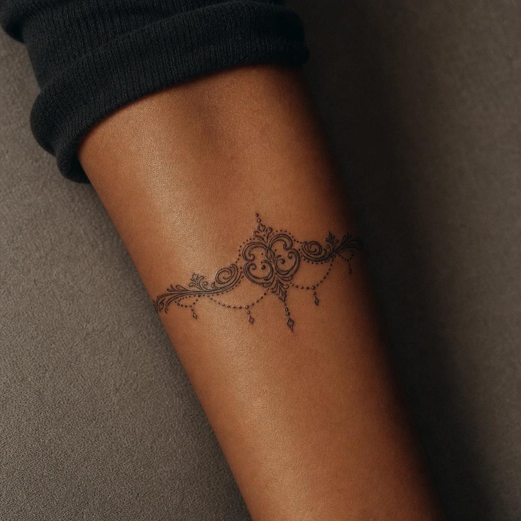 idée tatouage avant-bras femme ornemental bracelet, photo réaliste sur peau