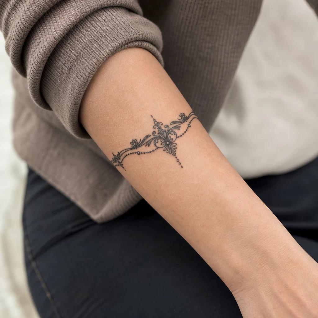 idée tatouage avant-bras femme ornemental bracelet, photo réaliste sur peau